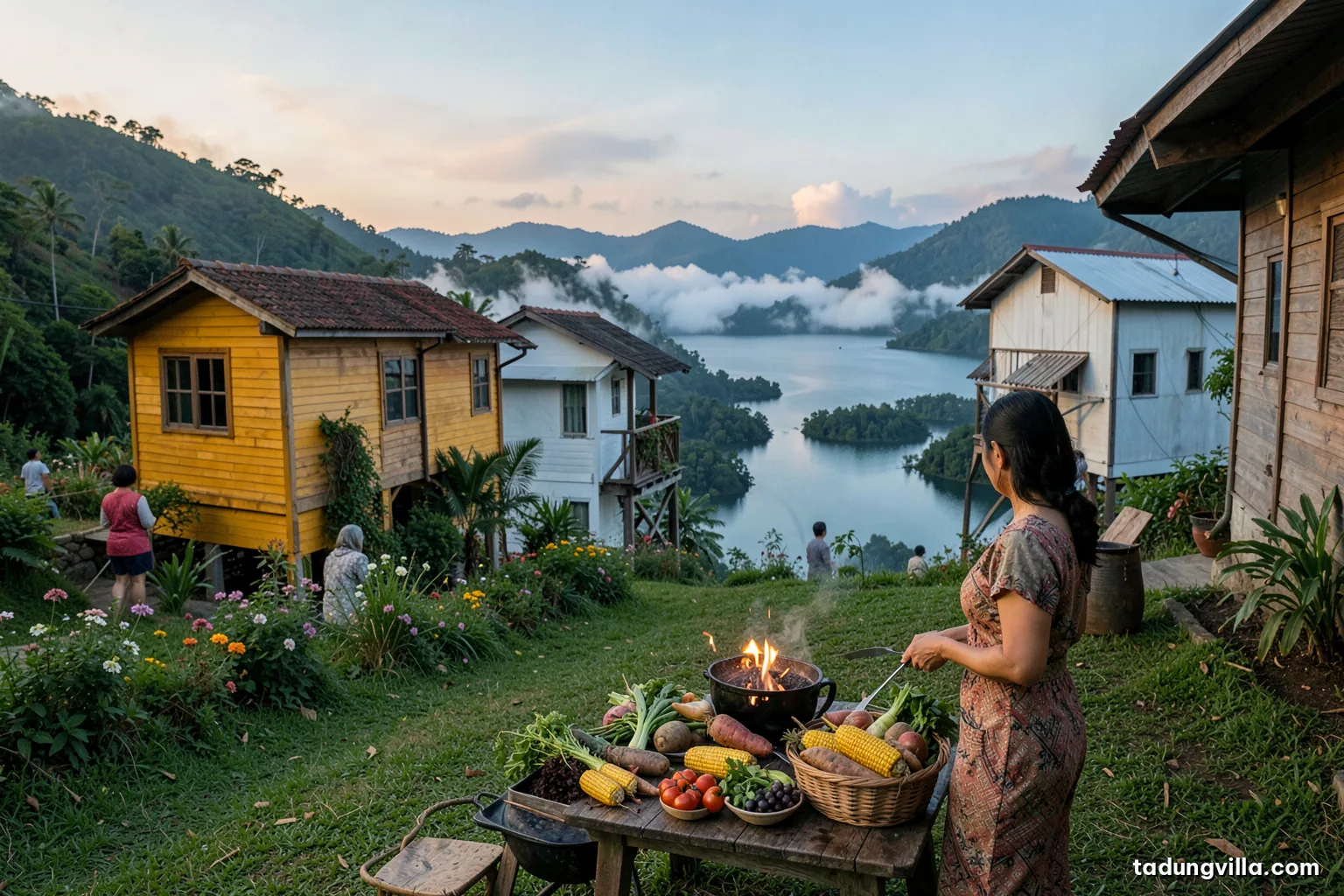 Local woman seen from behind arranging grilled corn, sweet potatoes and fresh vegetables in woven baskets on a wooden table outside a hillside garden house, soft morning light