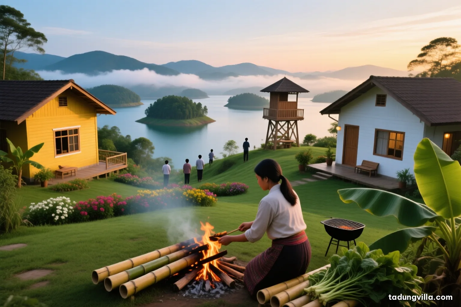 Close view of bamboo tubes roasting over open coals in a highland village yard, a woman seen from behind turning them, wild greens on banana leaves beside, warm evening glow