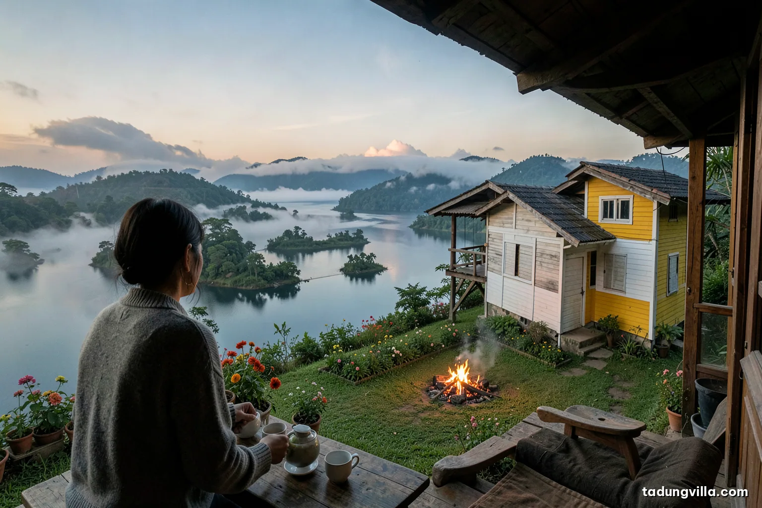 Slow morning on a wooden villa porch above a misty reservoir, a person in a cardigan seen from behind pouring tea into cups on a low table, potted flowers, soft diffused light