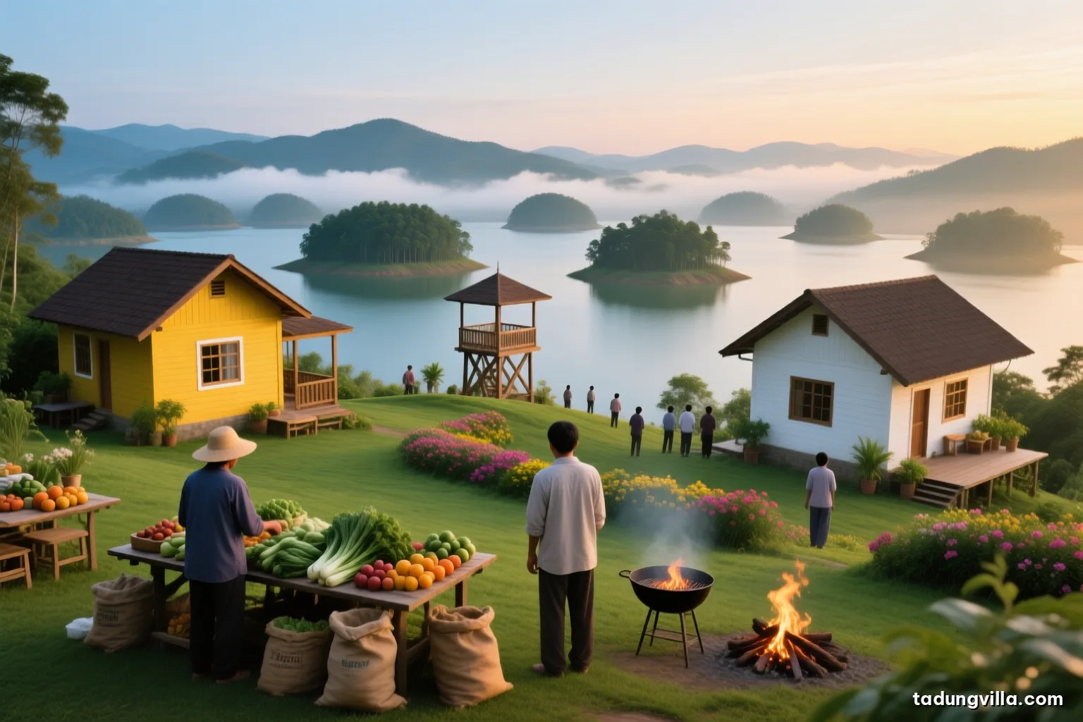 Wide shot of a small rural morning market in the Central Highlands, vendors seen from behind arranging vegetables, coffee sacks and fruit on low tables, soft hazy light