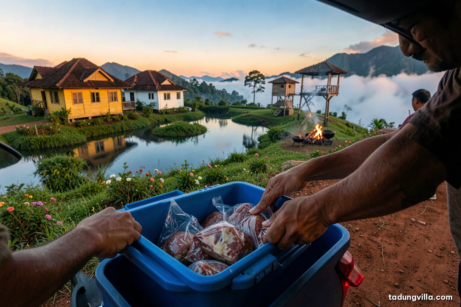 Close-up of hands placing wrapped meat and ice packs into a blue cooler in the trunk of a car parked on a red dirt highland road, coffee farms behind