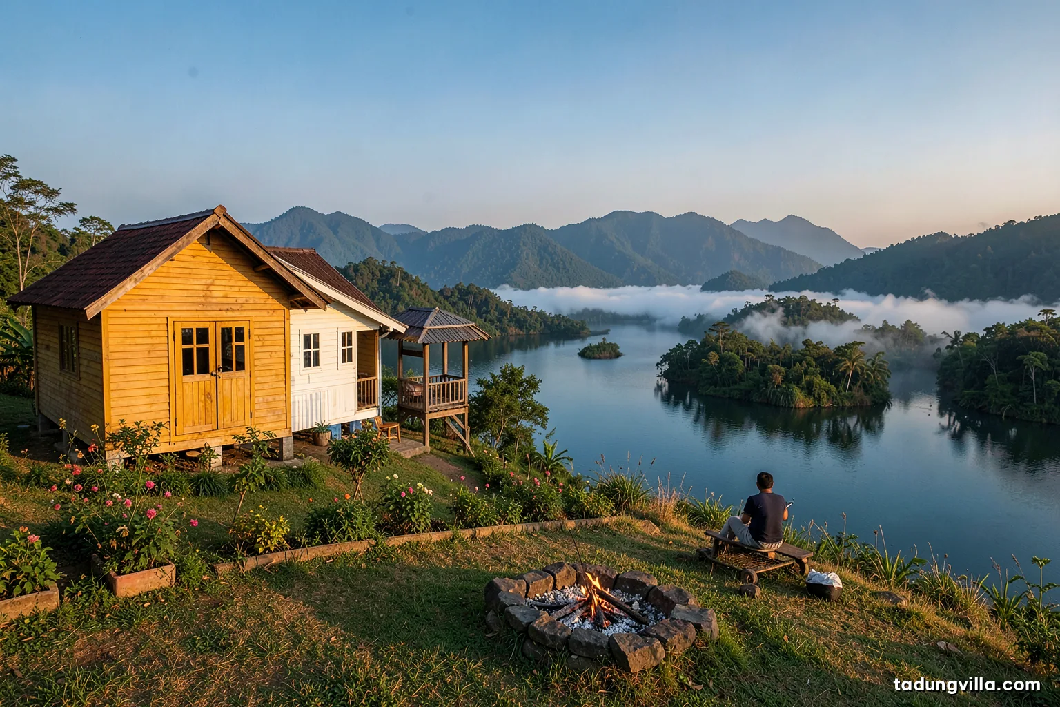 Clear dry season morning on a hillside above a calm blue reservoir, golden dry grass, a stone fire pit with ashes neatly covered, distant forested mountains under crisp blue sky