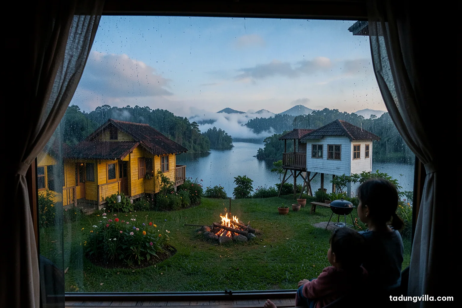 View through a large rain-streaked glass door from inside a cozy wooden villa, grey curtain of rain sweeping across a lake with misty islets, a child silhouette watching