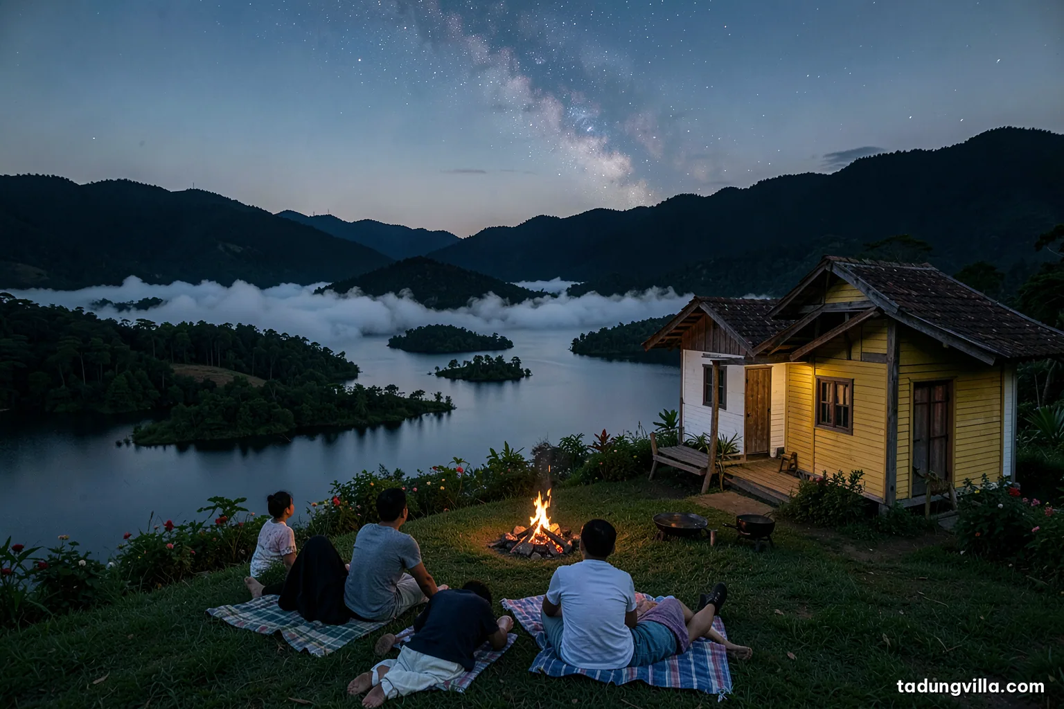 Family lying on blankets on a dark hilltop lawn beside a small wooden villa with lights off, faint Milky Way arching over black hills and a still lake, seen from behind