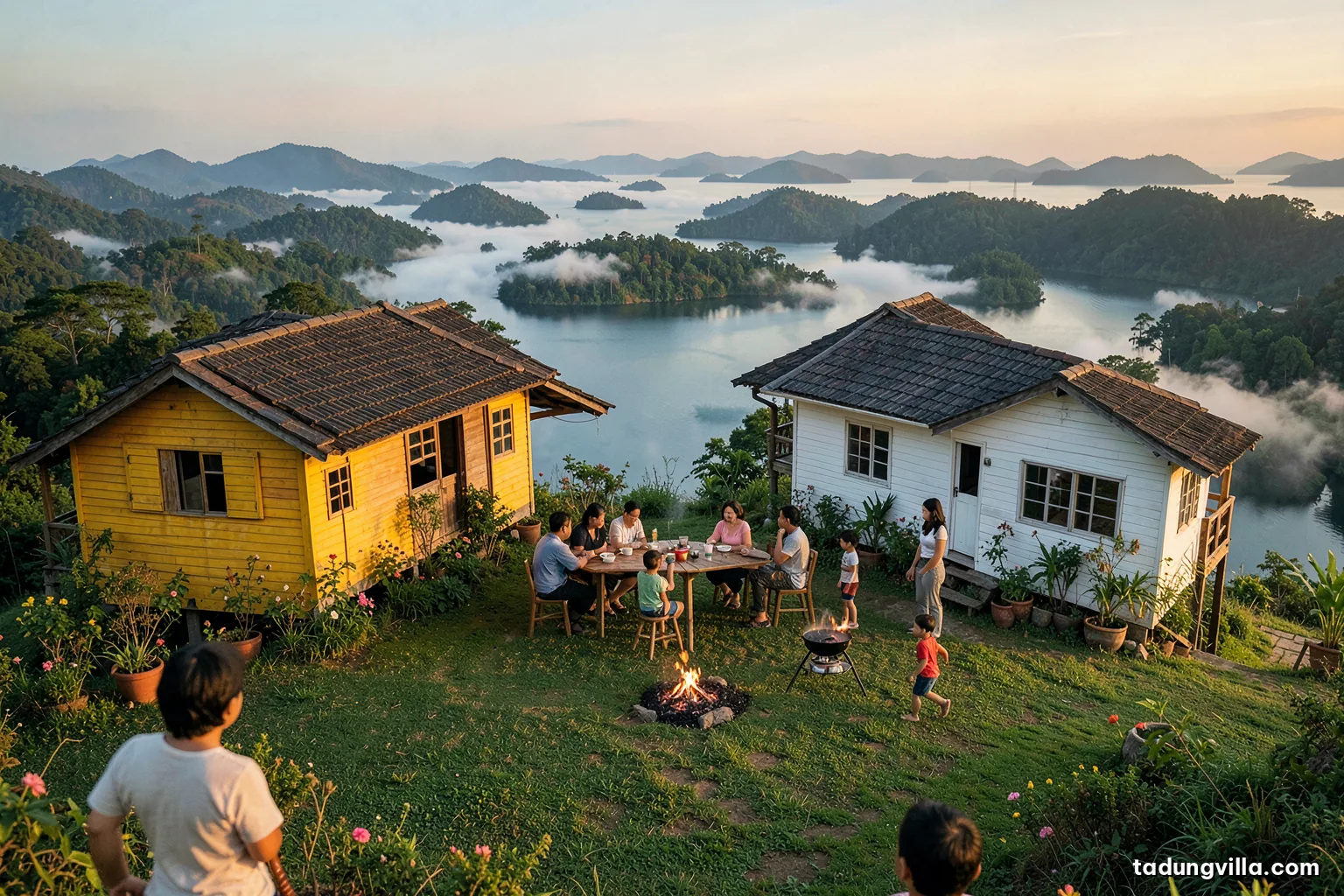 Three Vietnamese families seen from far away sharing a long outdoor table between two small wooden villas on a hill, children playing on the grass, lake and islets below, golden hour