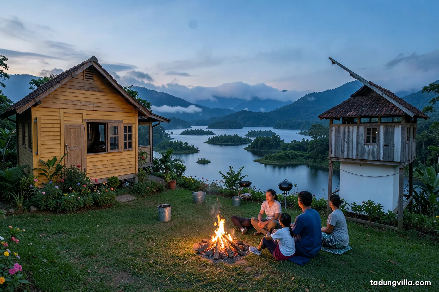 Dusk on a villa lawn, a small group sitting around a contained campfire ring with a water bucket nearby, lake fading into blue hills, warm firelight