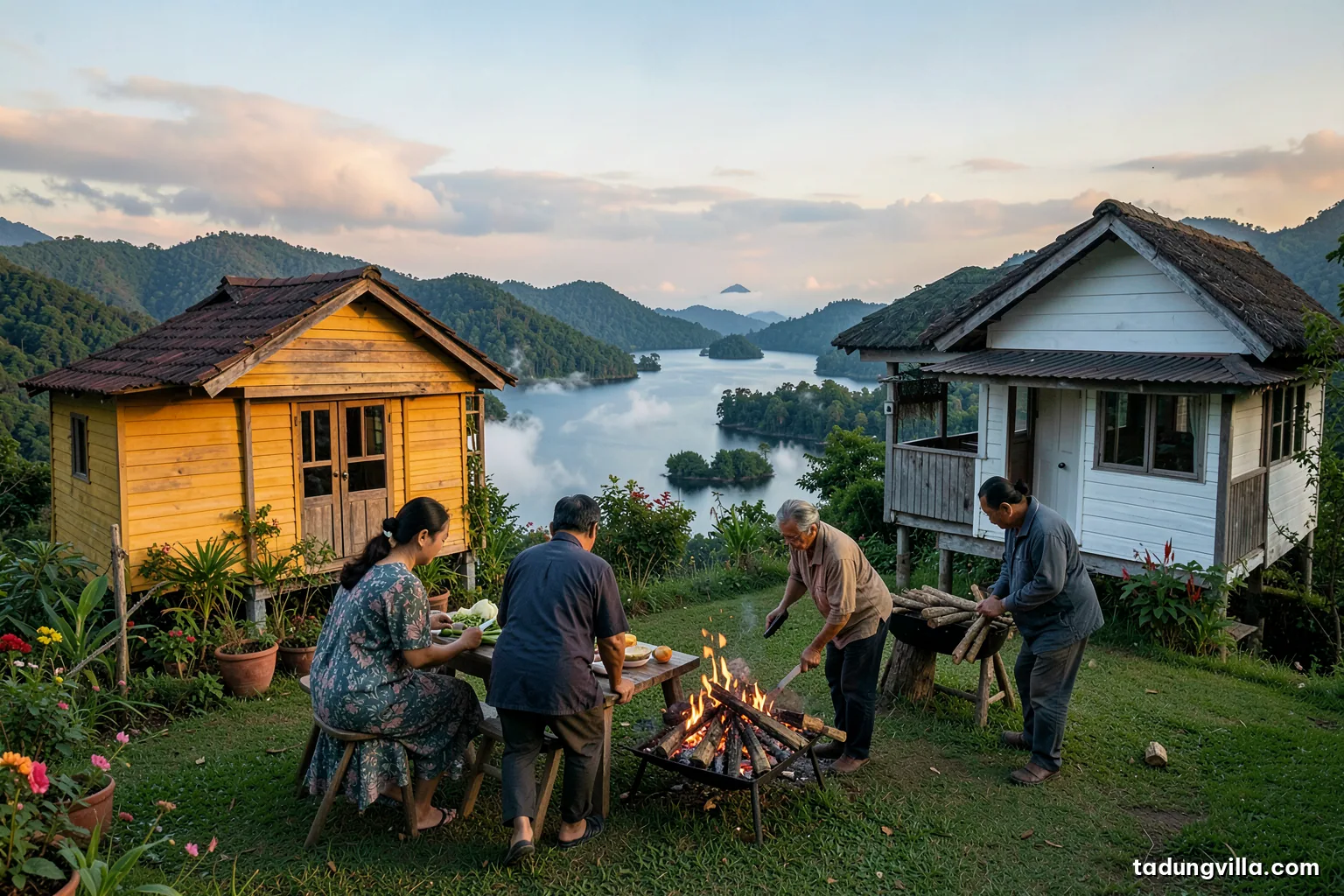 Several Vietnamese adults seen from behind working together outdoors at a villa, one slicing vegetables at a wooden table, one lighting charcoal in a grill, one carrying firewood, late afternoon