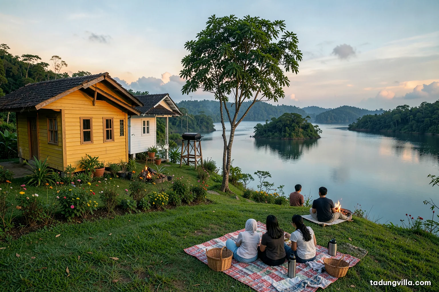 A picnic blanket spread on short green grass beside a reservoir in the dry season, a basket and thermos on it, two figures resting under a lone tree, islets beyond