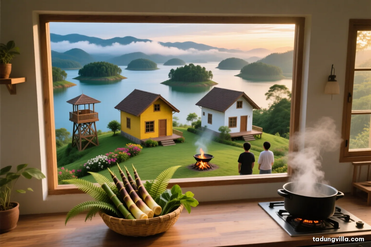 Top-down view of a bamboo basket holding fresh bamboo shoots, fern fronds and leafy greens on a wooden kitchen counter, morning light through a villa window, steam rising from a pot