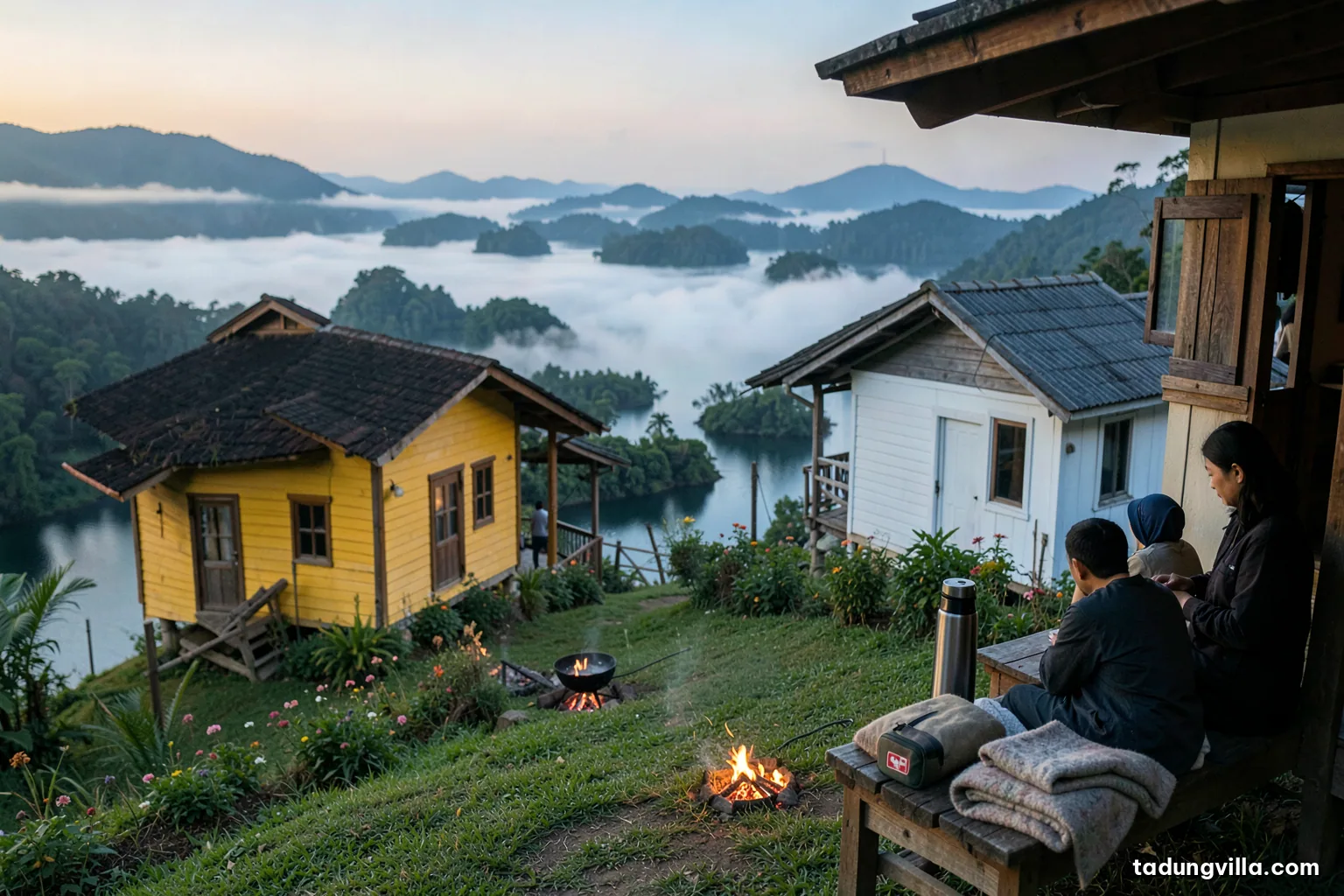 A small first aid pouch, a thermos and a folded wool blanket on a wooden bench of a hillside villa porch, misty reservoir in soft focus behind, cool morning light