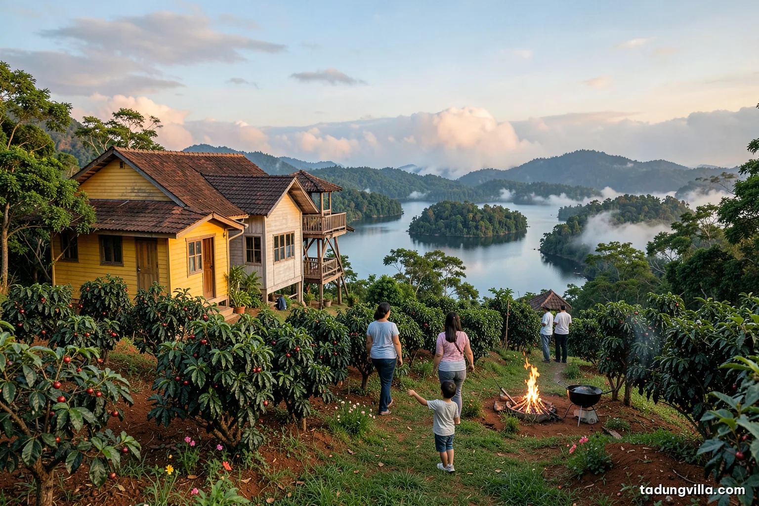 A family walks between rows of coffee shrubs on a red-soil hillside, a child reaching toward ripe red cherries, a lake glimpsed beyond the trees, warm afternoon