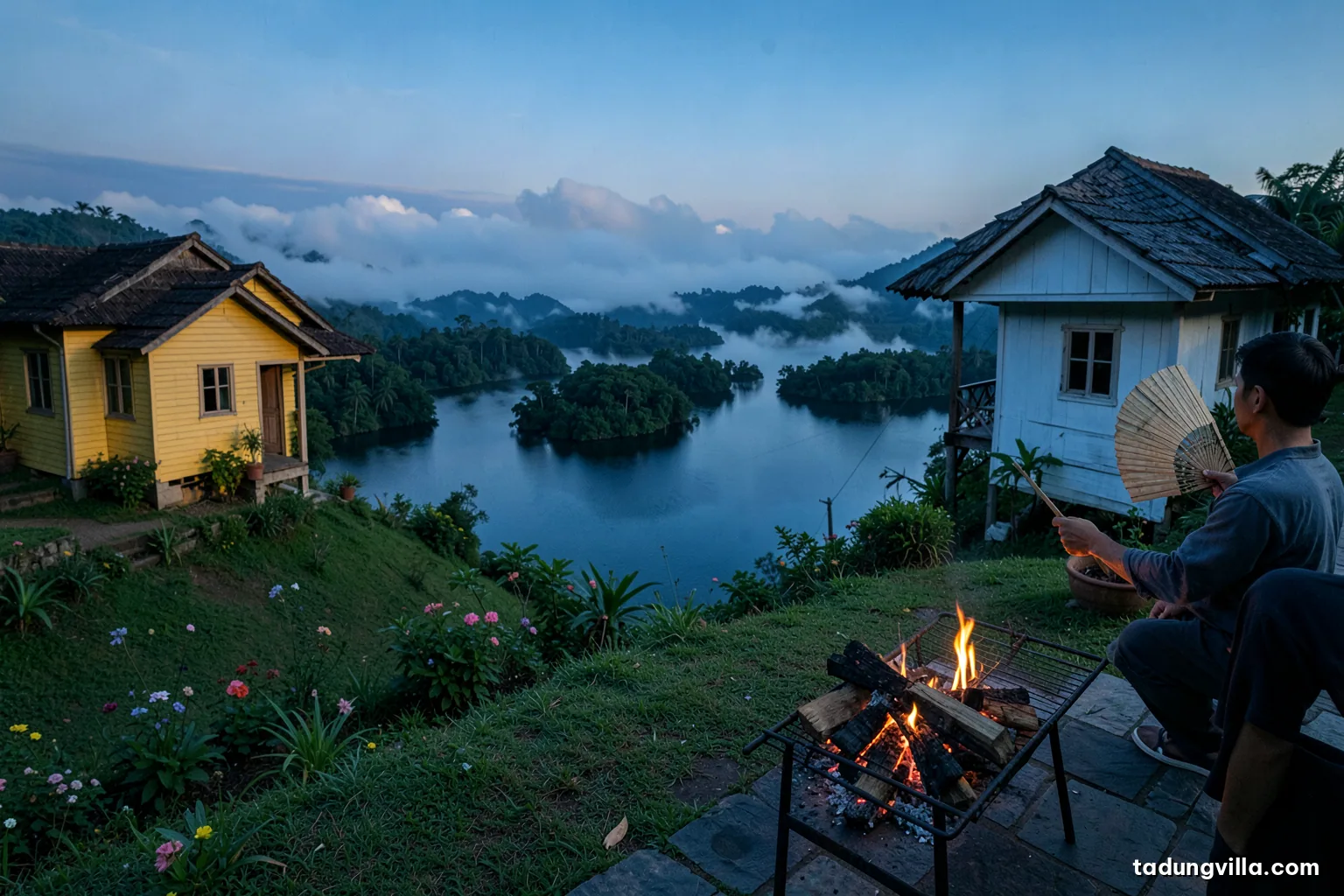 Side view of glowing charcoal briquettes and split firewood in a metal grill on a stone patio, a person fanning embers with a woven bamboo fan, cold blue evening light
