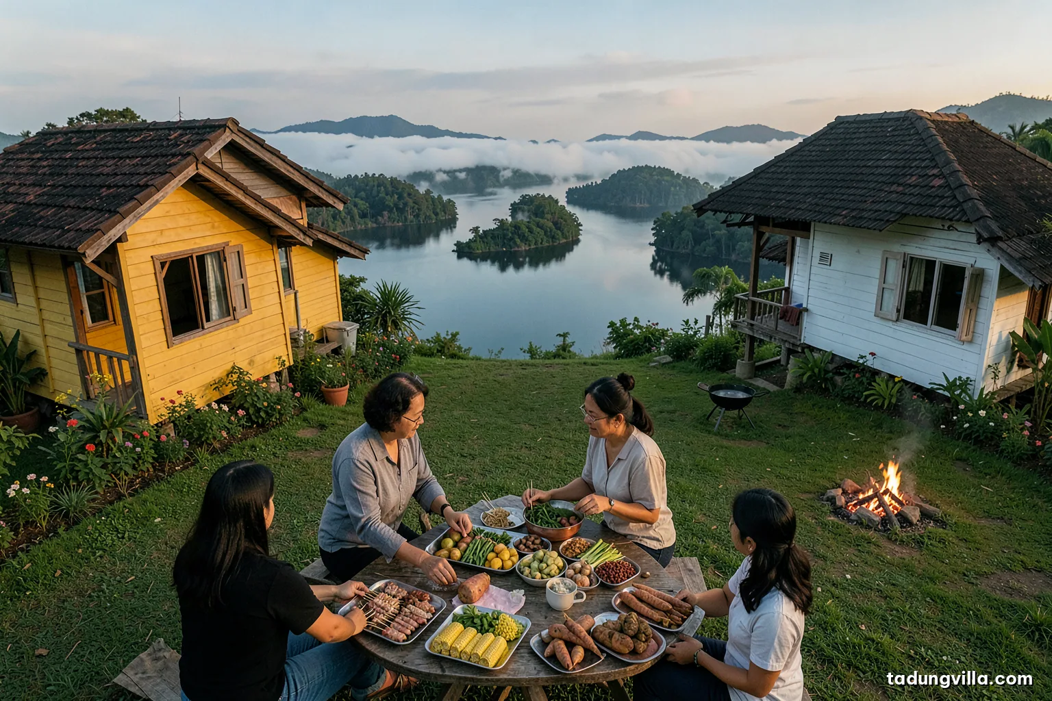 Top-down view of a long wooden outdoor table with trays of raw skewers, vegetables, corn and sweet potatoes being prepared by several hands, soft late afternoon light