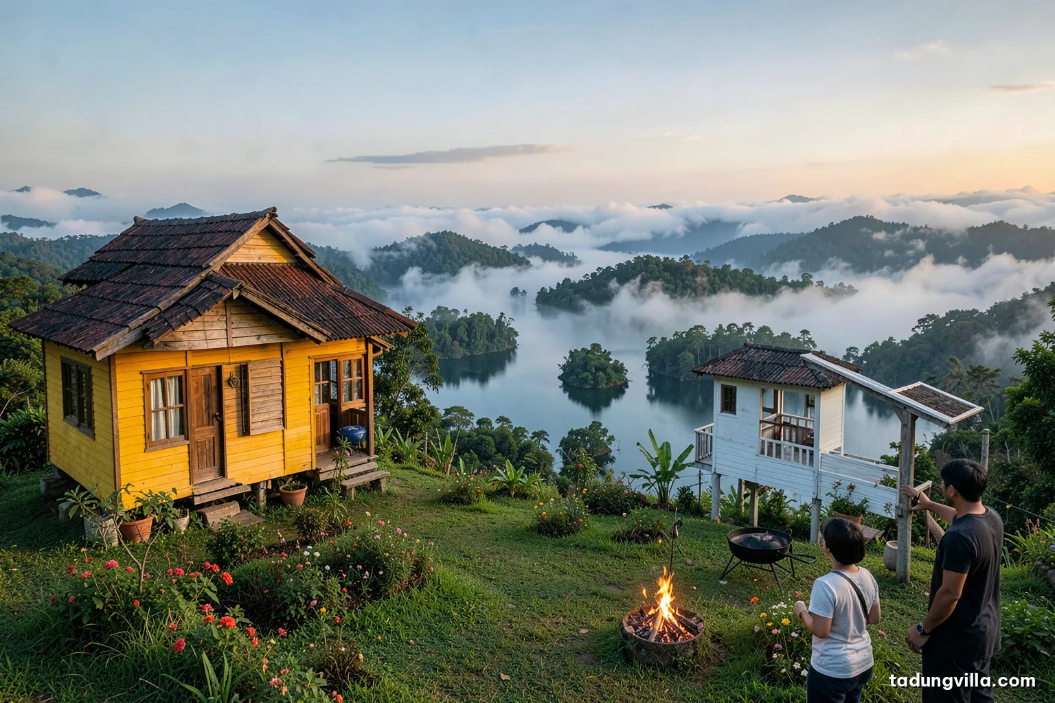 Wide morning view from a grassy hilltop garden toward two small wooden villas, one yellow and one white, with a misty reservoir full of forested islets below