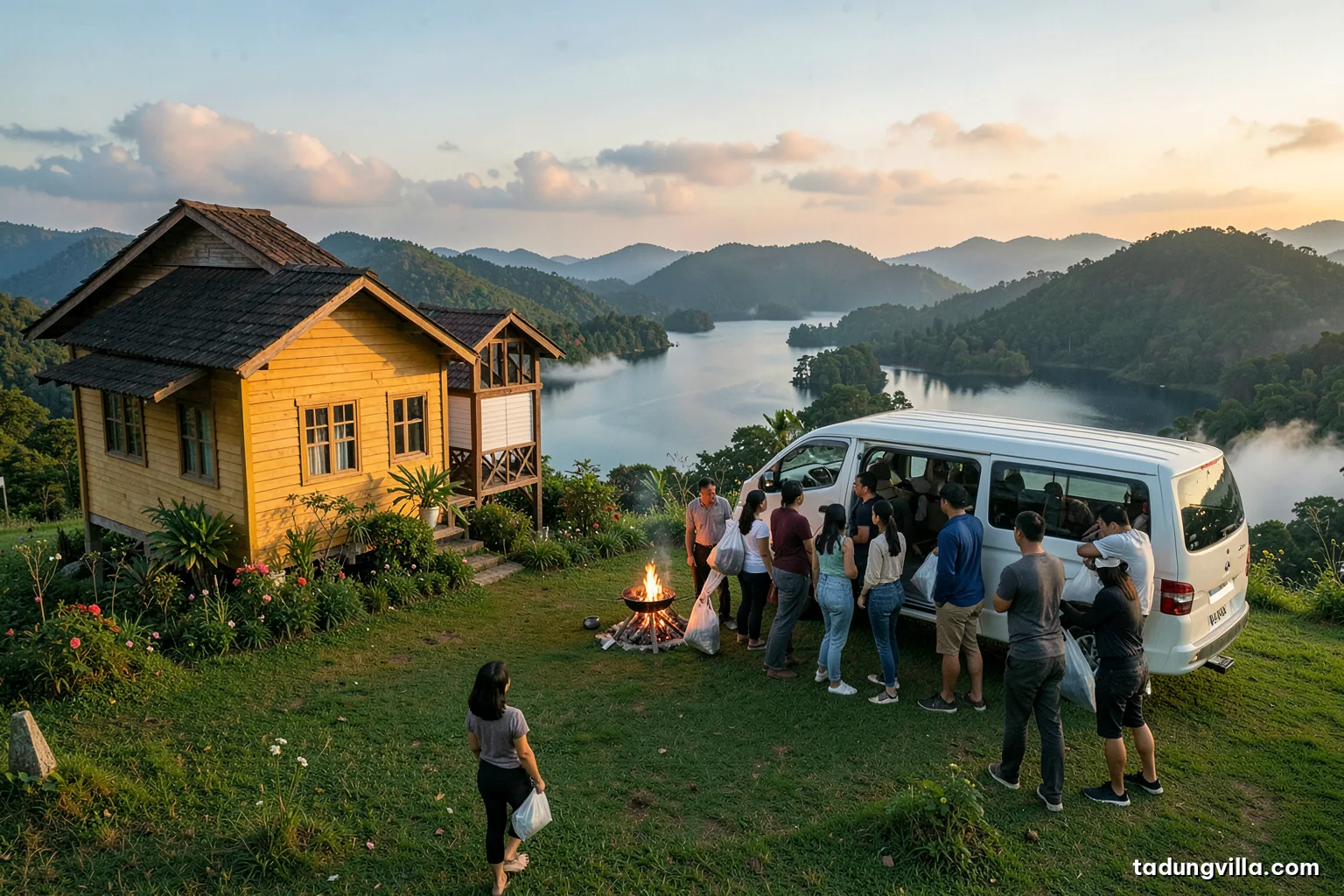 Group of friends loading bags into a white sixteen-seat van parked on a hilltop lawn beside two wooden villas, lake and islands behind, morning, people seen from behind