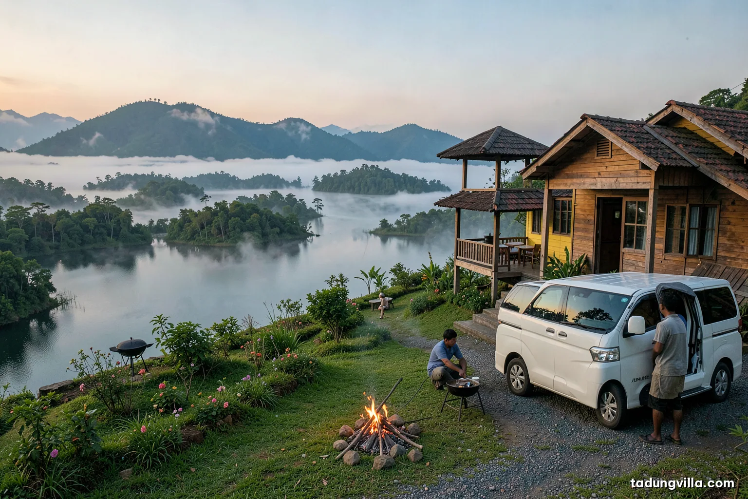 White sixteen-seat passenger van parked on a gravel yard beside a wooden villa on a hill at early morning, driver checking a tire, mist over a reservoir