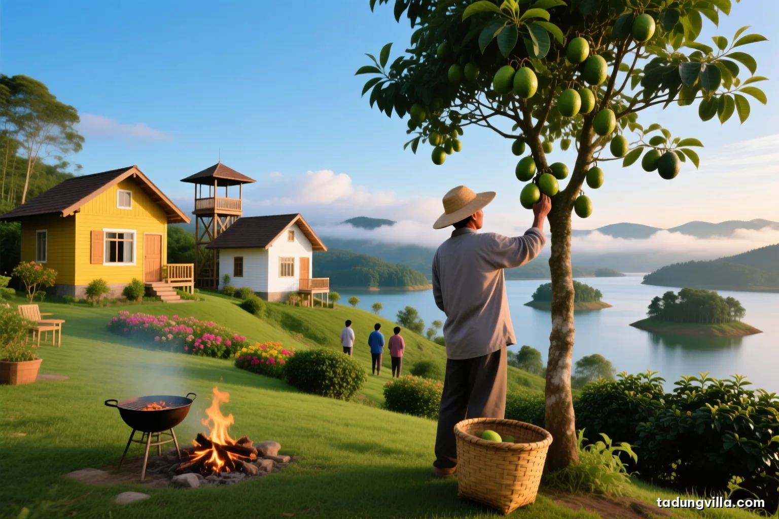 Low angle view of a farmer seen from behind picking avocados from a tall tree on a sunny highland slope, bamboo basket at his feet, coffee shrubs and blue sky behind