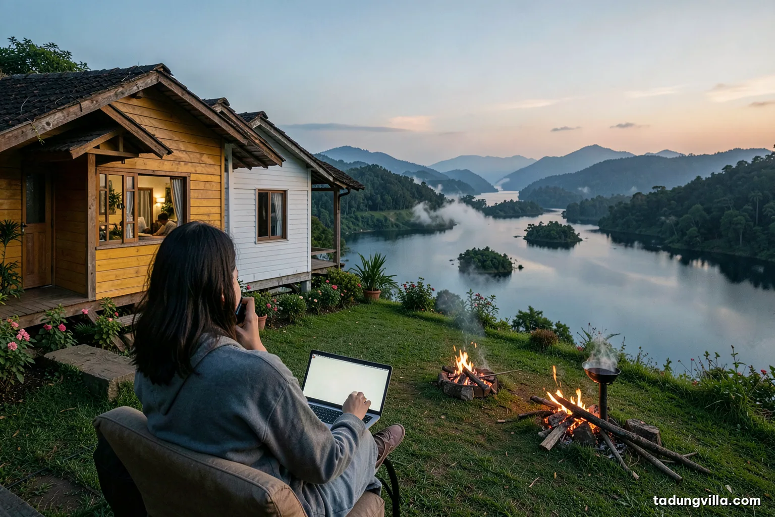 Woman seen from behind on a sofa making a phone call while looking at a laptop with a blank screen, villa window showing a lake and hills, soft evening light