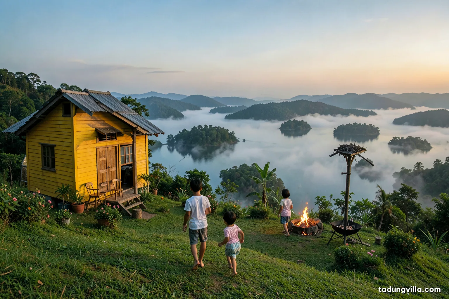 Children seen from behind running barefoot on a green lawn of a hilltop garden, a yellow wooden villa beside them, a misty lake far below, morning