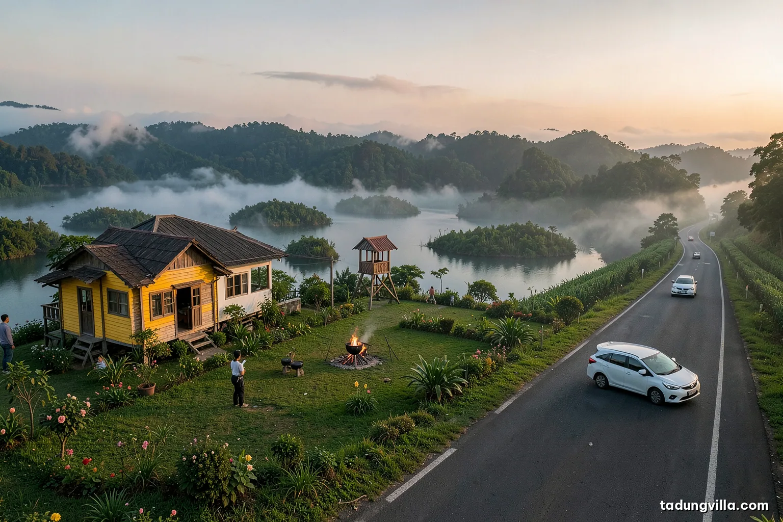 Rubber plantation rows beside a straight two-lane highway in southern Vietnam at sunrise, a white seven-seat car passing, mist between the trees, wide angle from roadside