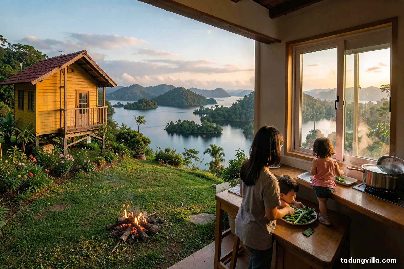 Warm interior shot of a bright villa kitchen with wooden counters, a mother and child seen from behind washing green vegetables, steam rising from a pot, lake view window