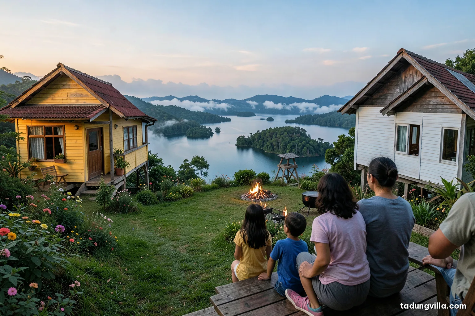 Over-the-shoulder view of a young family on a wooden porch looking out at a blue reservoir with green islets, soft afternoon light, garden flowers in foreground
