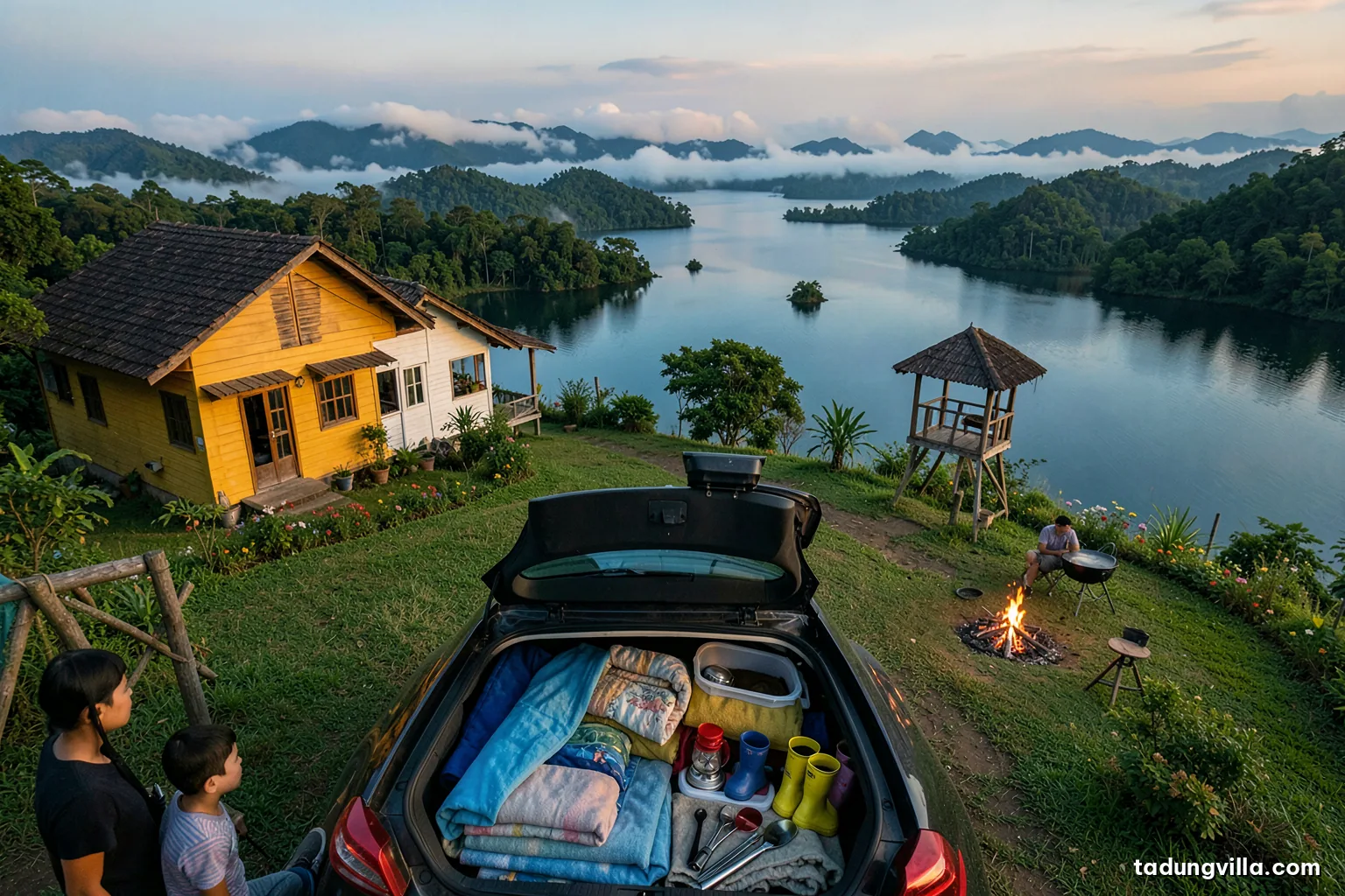 Top-down view of an open car trunk packed with a cooler box, folded blankets, a lantern, grilling tongs and children's rain boots, parked on grass near a lake
