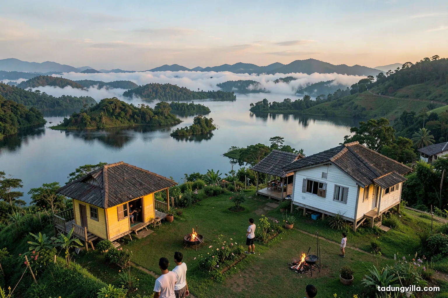 Aerial view at mid-morning over a rural commune center in the Central Highlands of Vietnam, low houses, a small market roof and coffee hills sloping down to a reservoir