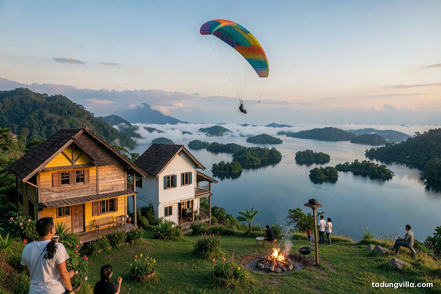 A colorful paraglider canopy floating high above a vast reservoir dotted with green islets, tiny spectators on a grassy hilltop watching from far, clear afternoon